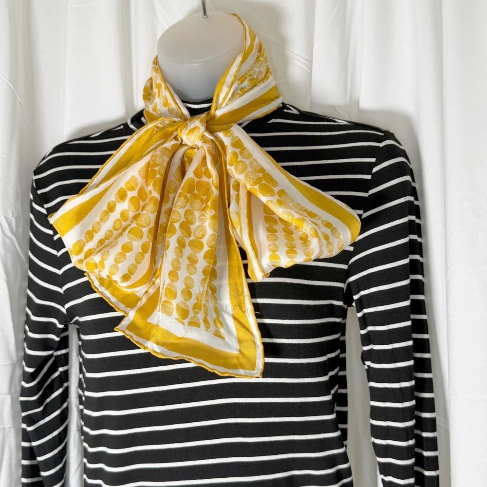 The Limited Silk Scarf Yellow White Polka Dot Geo Oblong Striped Border 114-02
